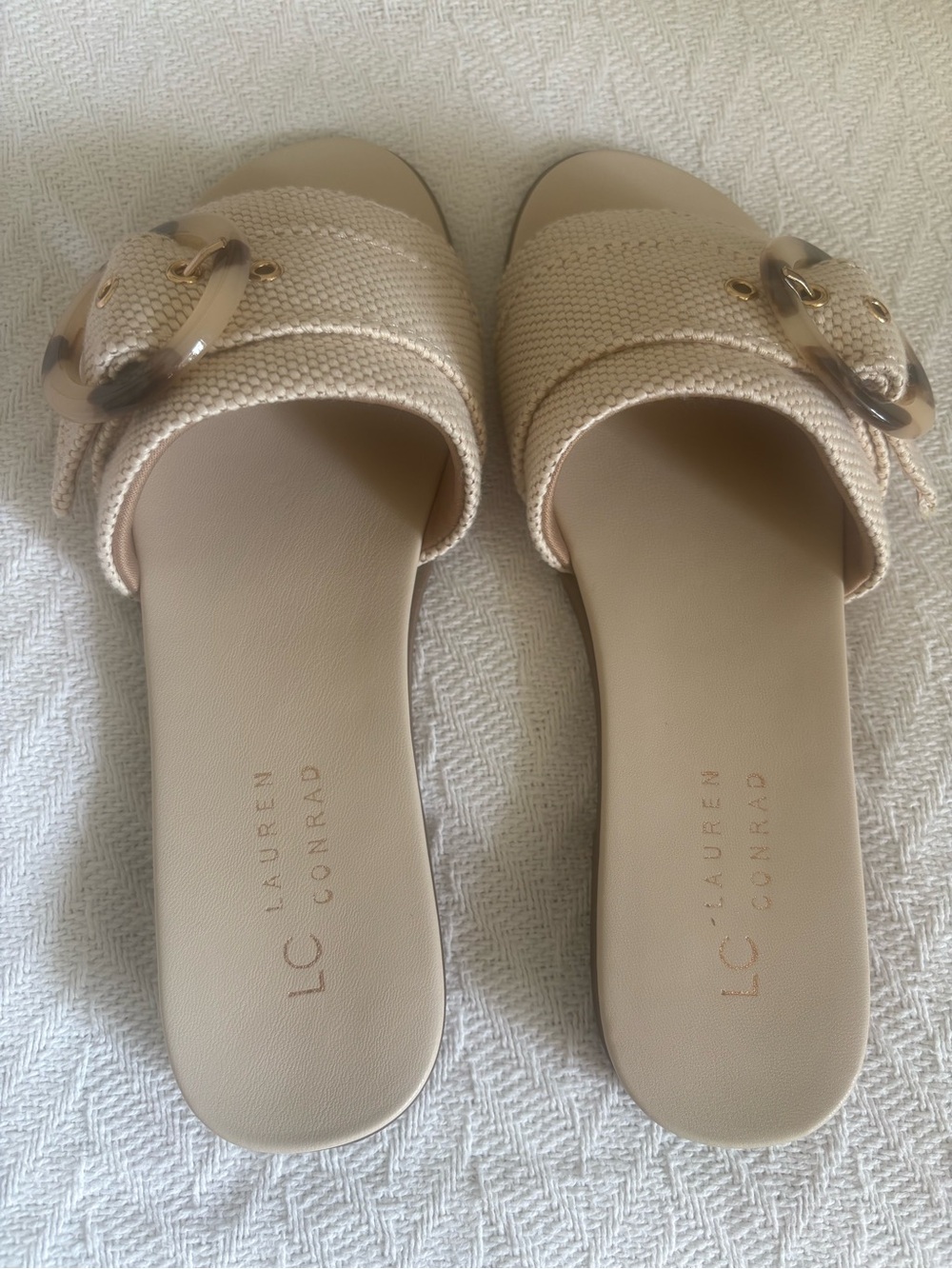 LC Lauren Conrad Neutral Beige Woven Slide Sandals with Tortoiseshell Accent